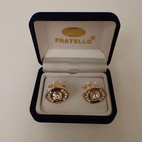 MEN'S FRATELLO GOLD ROUND CUFFLINKS WITH CLEAR STONES. - Picture 1 of 2
